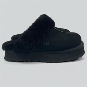 UGG DISQUETTE BLACK SUEDE SHEARLING WOMEN'S COMFORT SLIPPERS US SIZE 8